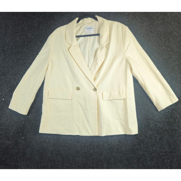 Old Navy Linen Blend Blazer Jacket Womens L Petite Cream Double Breasted Career - Picture 1 of 10